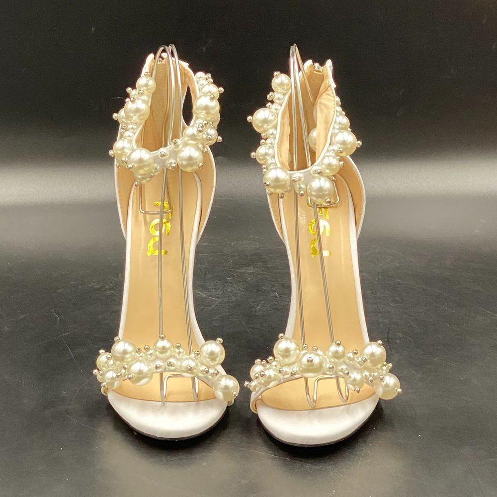 FSJ white pearls peep toe kitten mid heels ankle strap sandals shoes